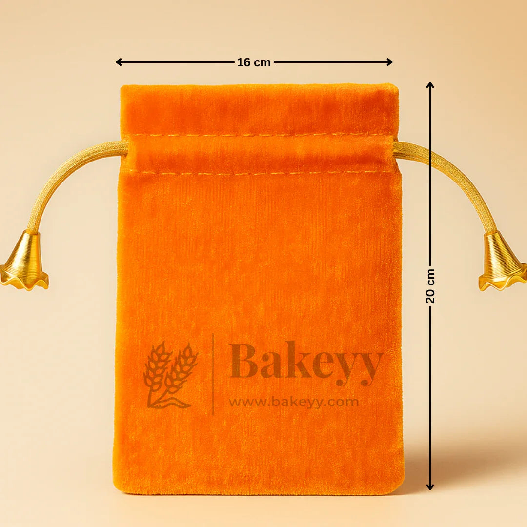 Orange velvet potli gift bag with gold drawstrings, 16x20 cm, Bakeyy.com packaging.