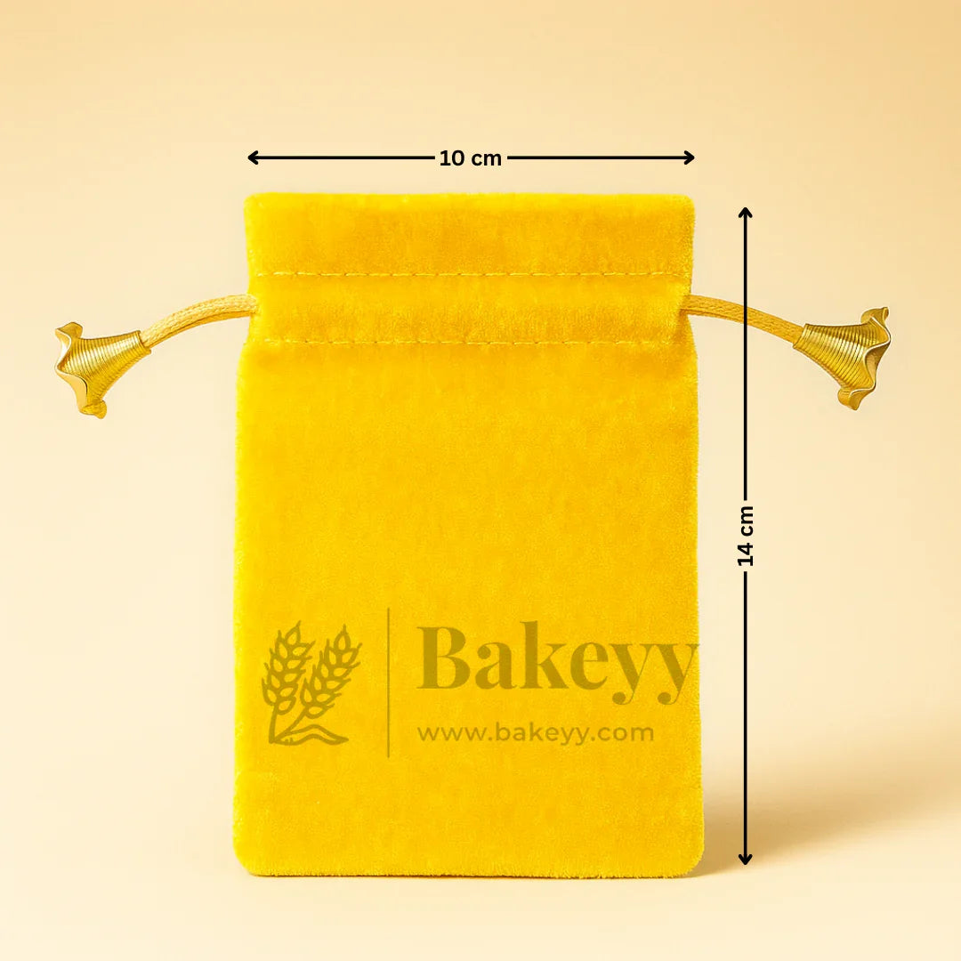 Yellow velvet potli bag with gold drawstring, 10x14 cm, Bakeyy.com gift packaging.