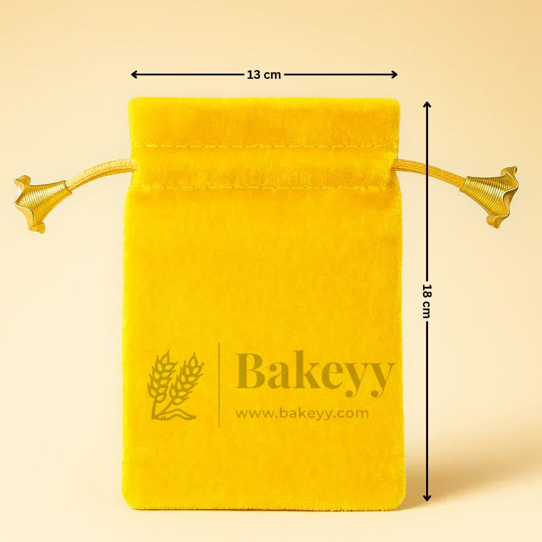 Yellow velvet gift potli pouch with golden drawstrings, 13x18 cm, Bakeyy wholesale packaging bag