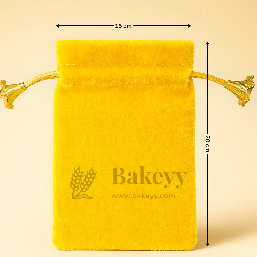 Yellow velvet potli gift bag 16x20 cm with drawstring, Bakeyy.com packaging accessory