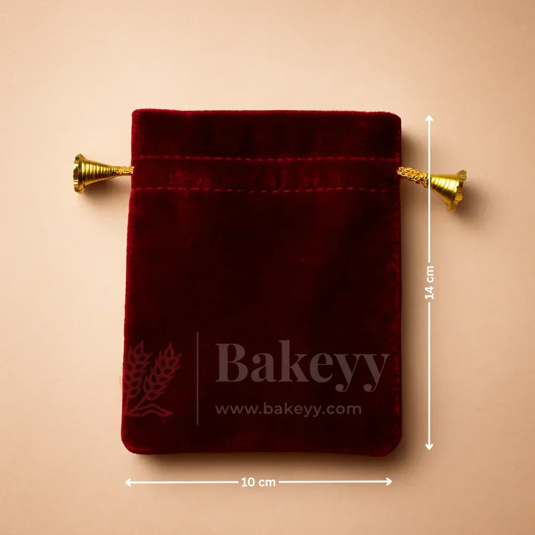 Red velvet potli gift bag with gold drawstring, 10x14 cm, Bakeyy.com packing supply.