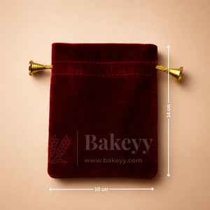 Red velvet potli gift bag with gold drawstring, 10x14 cm, Bakeyy.com packing supply.