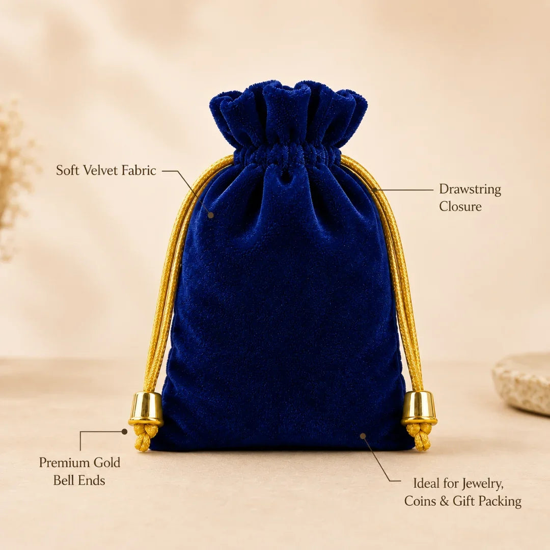 Blue velvet drawstring pouch with gold accents on a beige background
