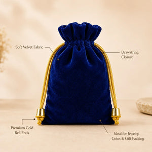 Blue velvet drawstring pouch with gold accents on a beige background