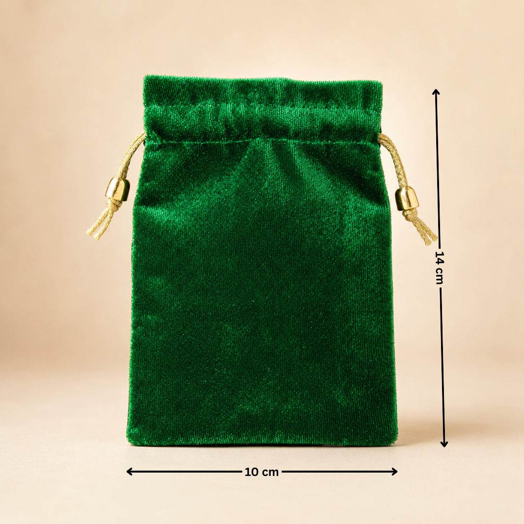 Green velvet drawstring pouch with measurements on a beige background