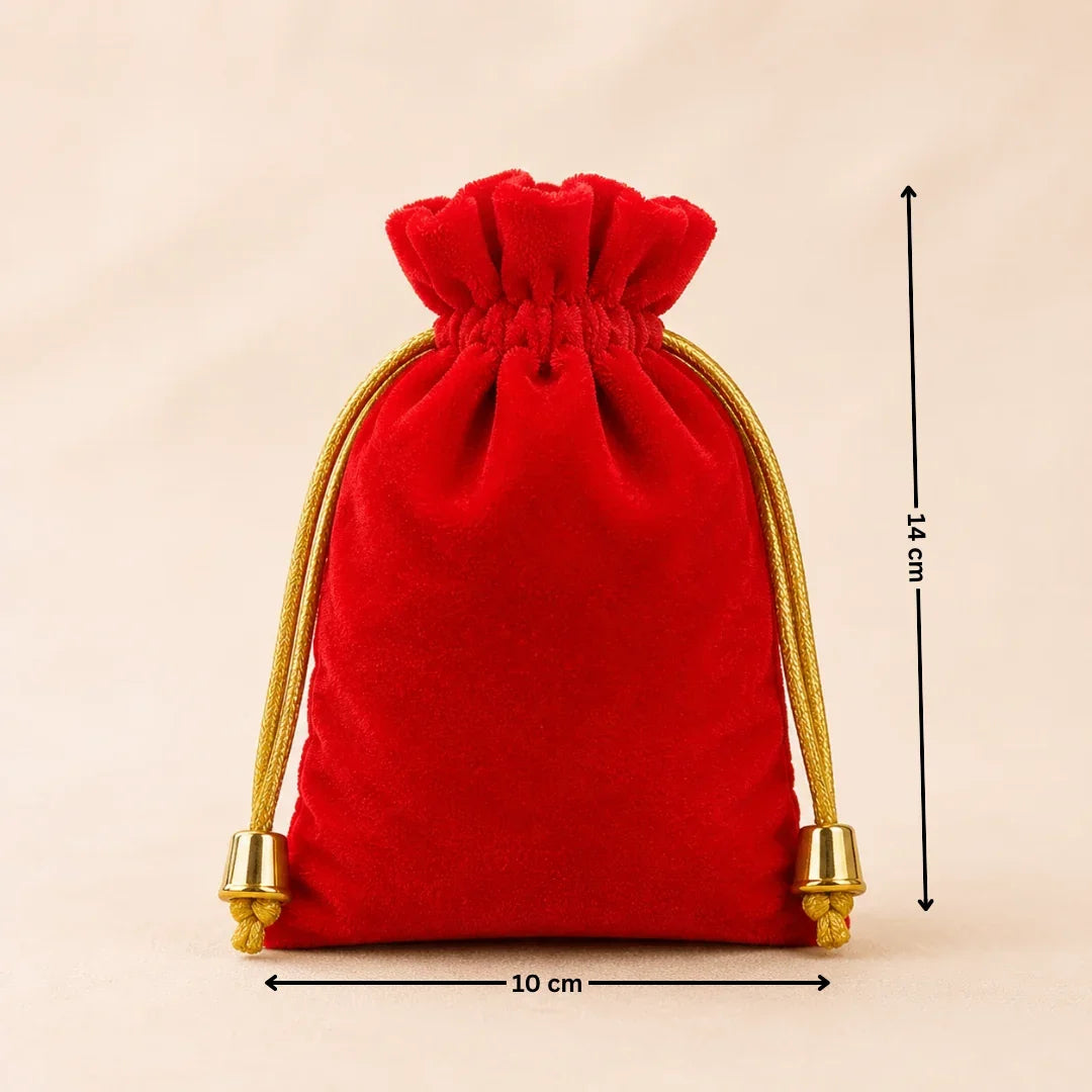 Red velvet drawstring pouch with gold accents and measurements on a beige background