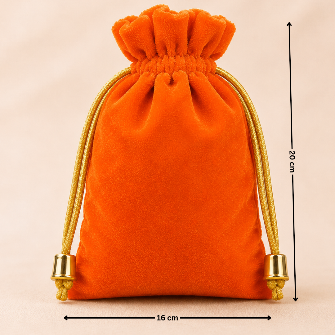 Orange velvet drawstring bag with gold accents on a beige background, showing dimensions.