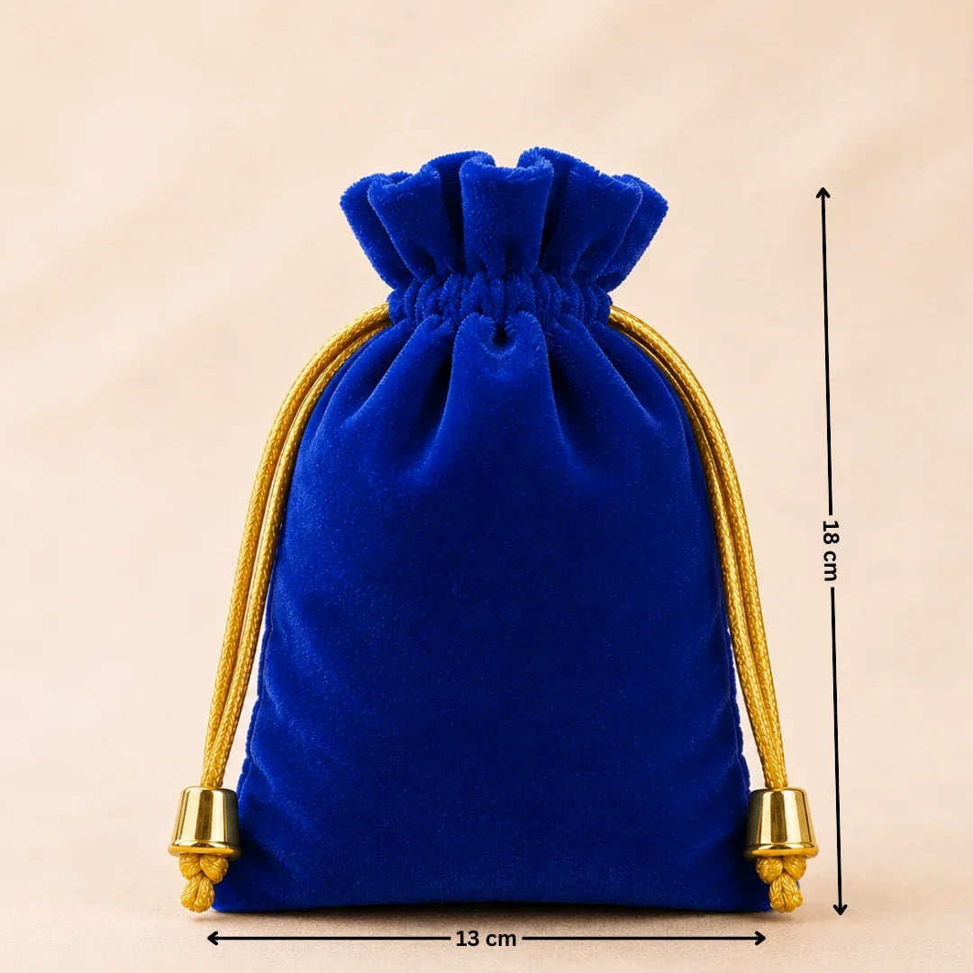 Blue velvet drawstring pouch with gold accents and measurements on a beige background