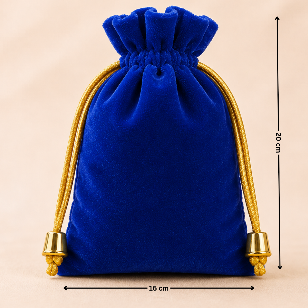 Blue velvet drawstring pouch with gold accents and measurements on a beige background