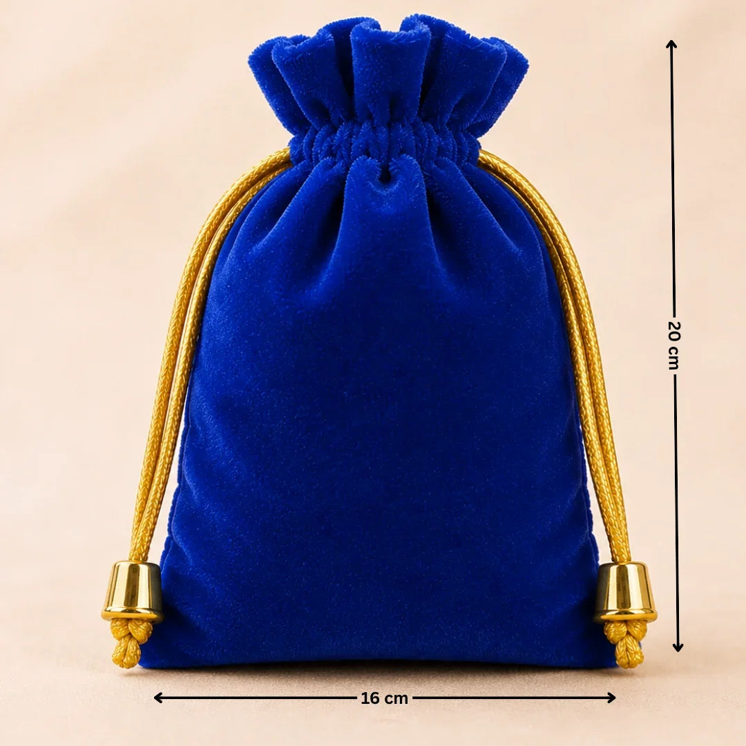 Blue velvet drawstring pouch with gold accents and measurements on a beige background