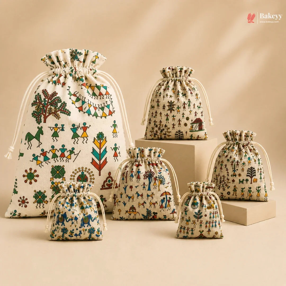 Warli Art Print Jute Potli Bag with Drawstring Closure
