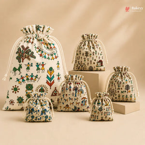 Warli Art Print Jute Potli Bag with Drawstring Closure