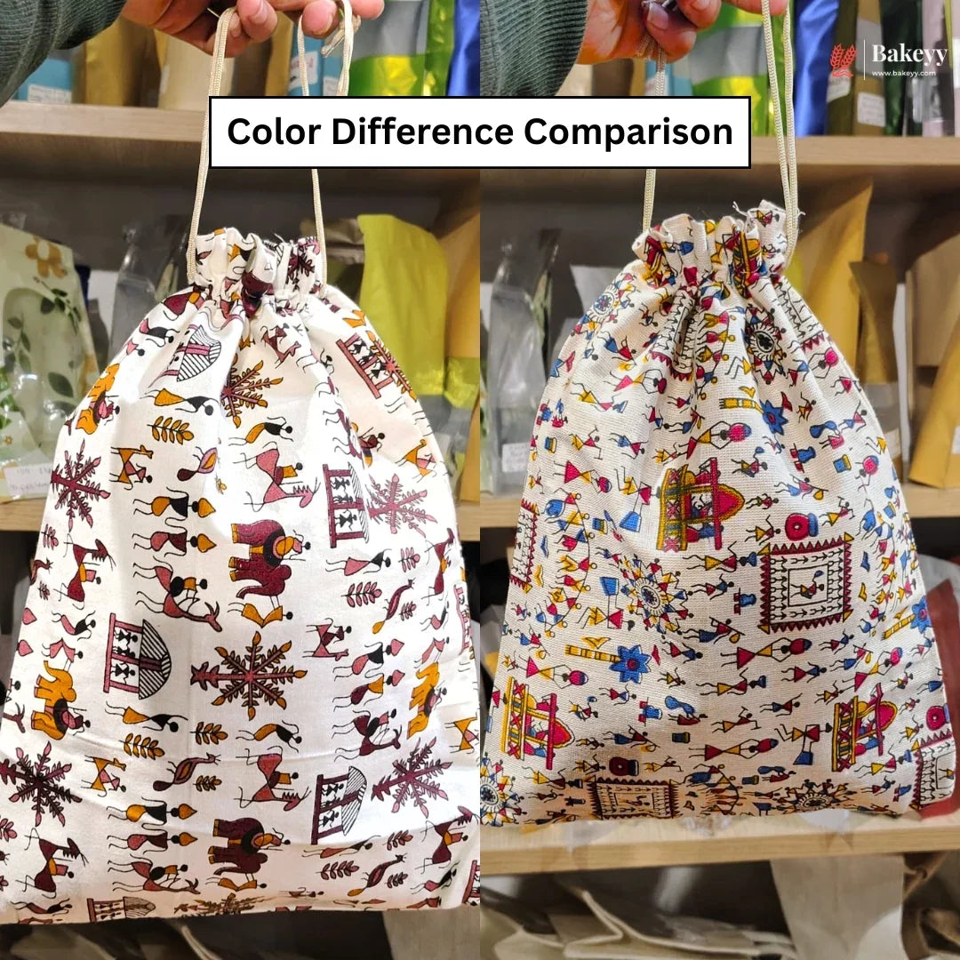 Warli Art Print Jute Potli Bag with Drawstring Closure