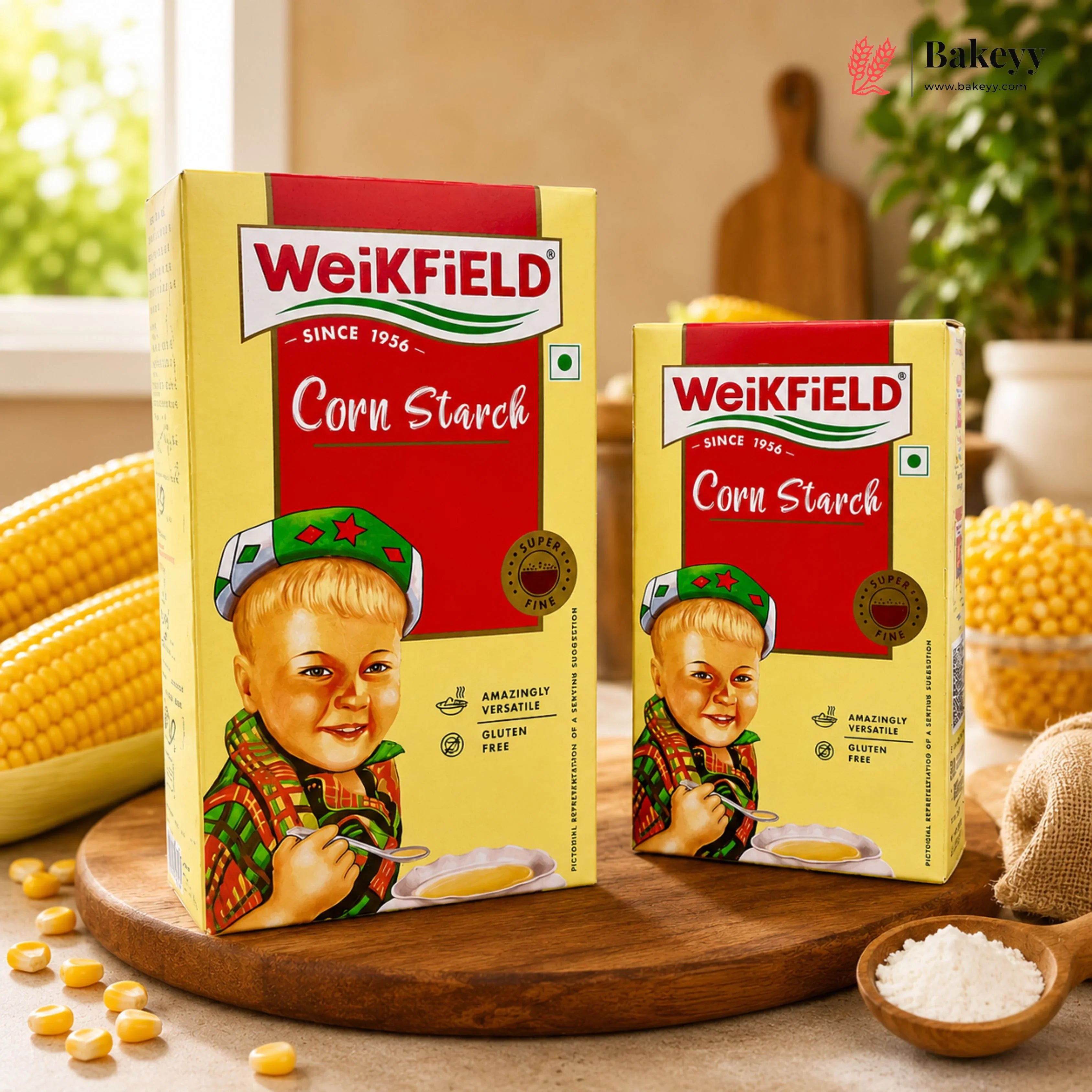 Two boxes of Weikfield Corn Starch on a wooden board with corn kernels and a child illustration.