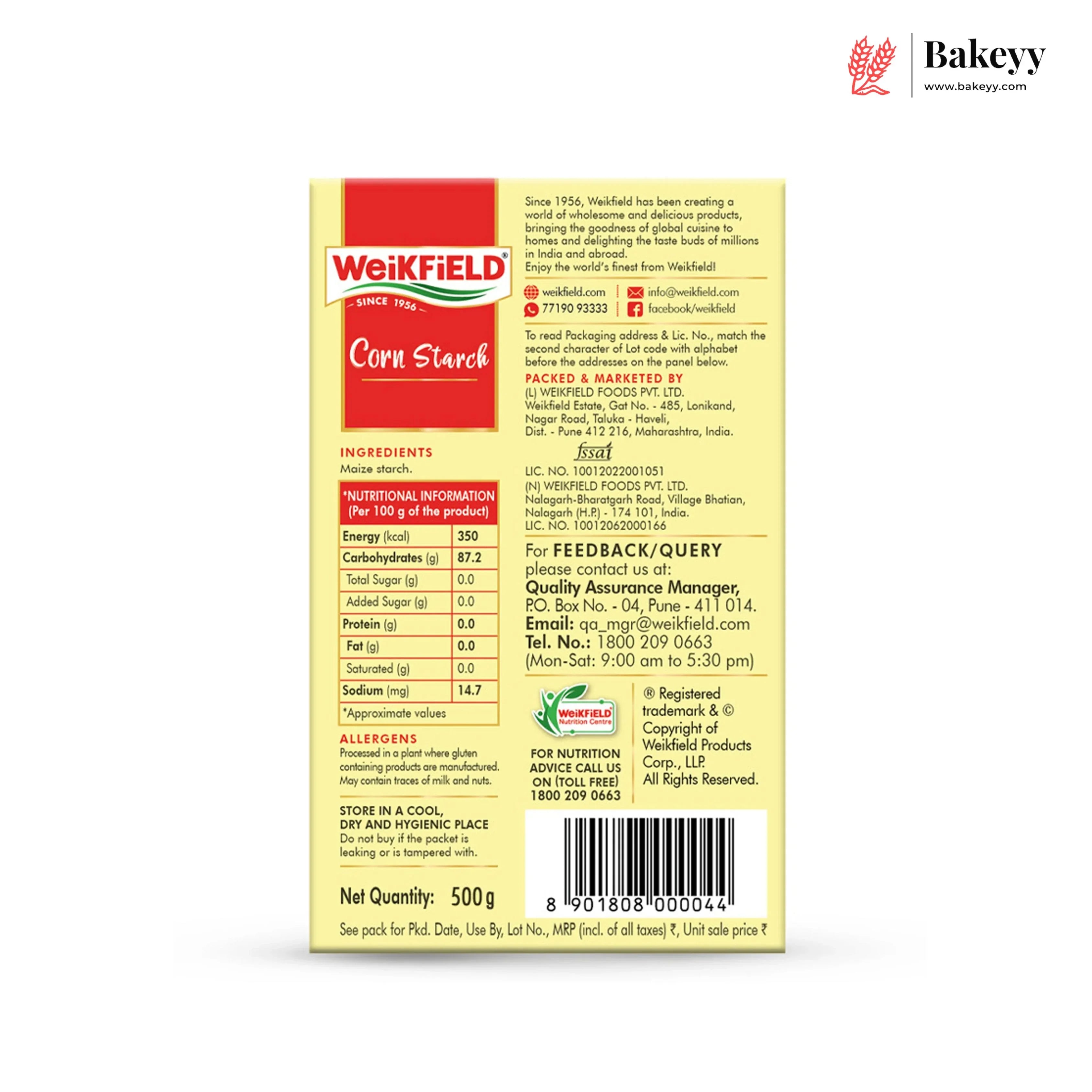 Back of a Weikfield corn starch packaging with text and logo.