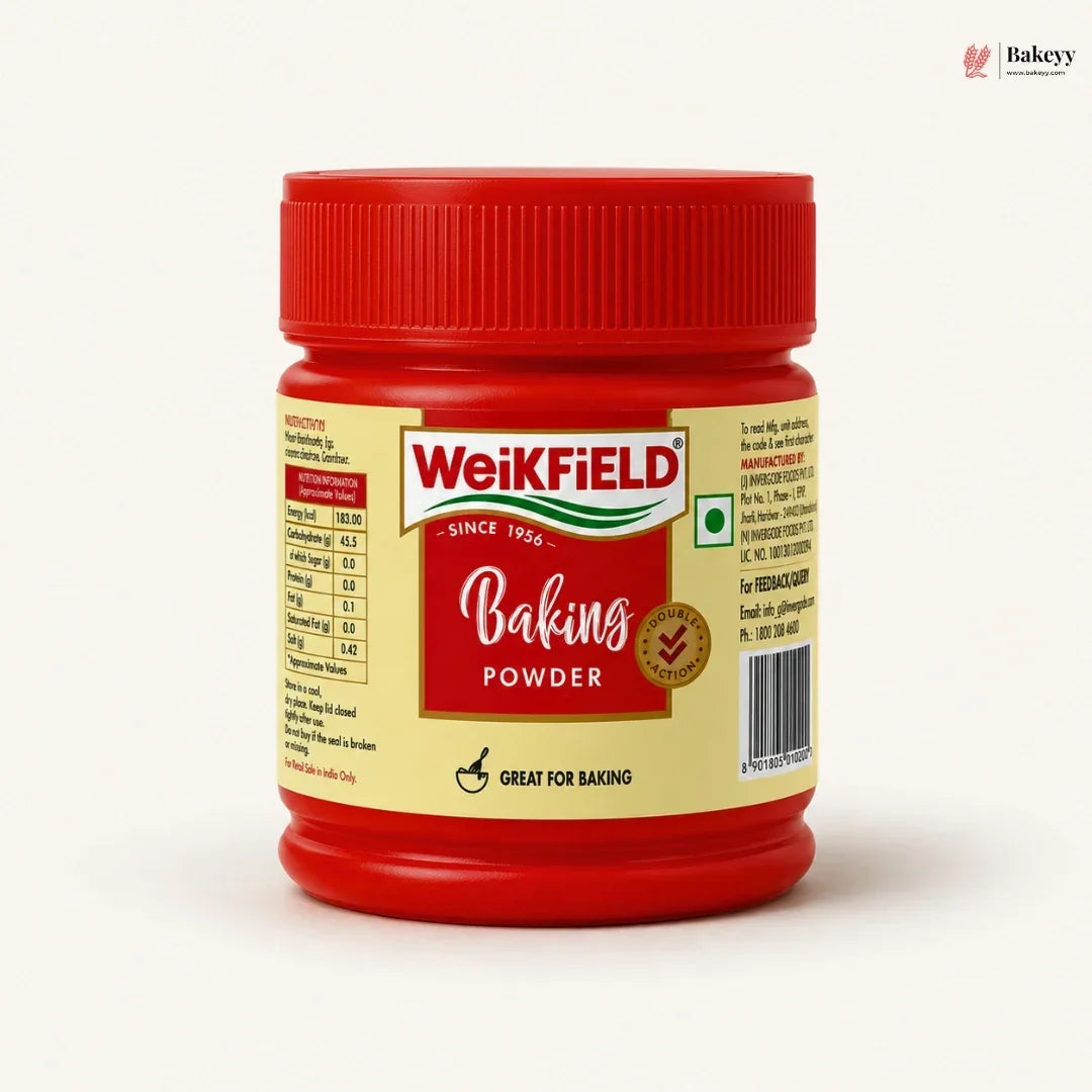 Weikfield baking powder jar with red lid on a white background