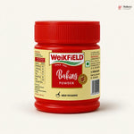 Weikfield baking powder jar with red lid on a white background