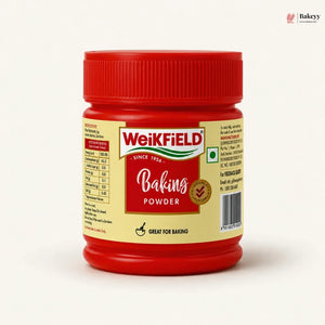 Weikfield baking powder jar with red lid on a white background