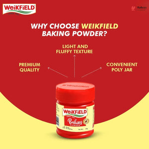 Weikfield baking powder jar with promotional text on a red and yellow background