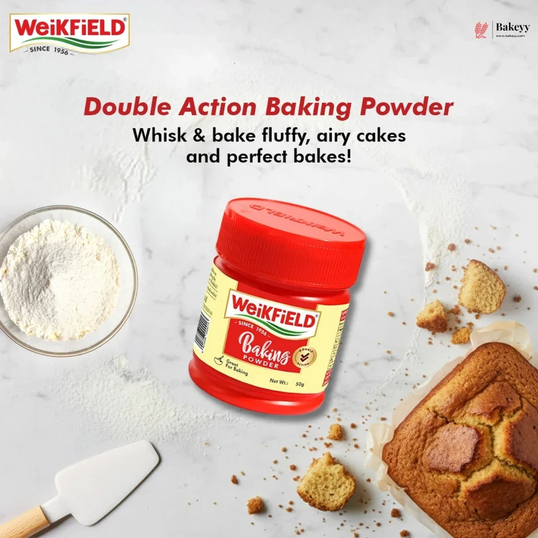 Weikfield baking powder jar with muffin and flour on a light background