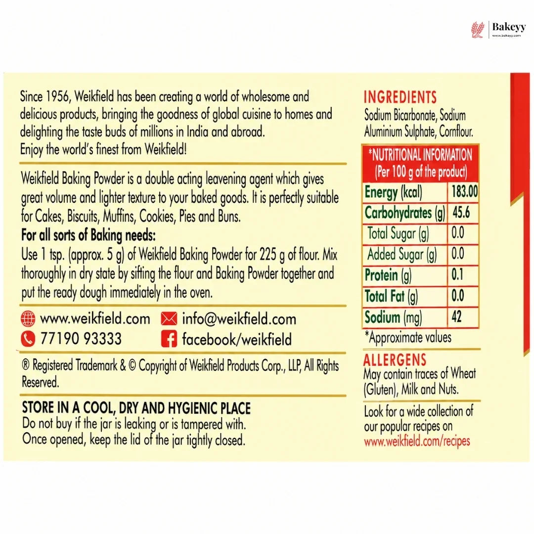 Weikfield Baking Powder label with ingredients, nutritional information, and storage instructions.
