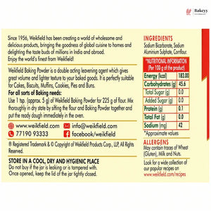 Weikfield Baking Powder label with ingredients, nutritional information, and storage instructions.