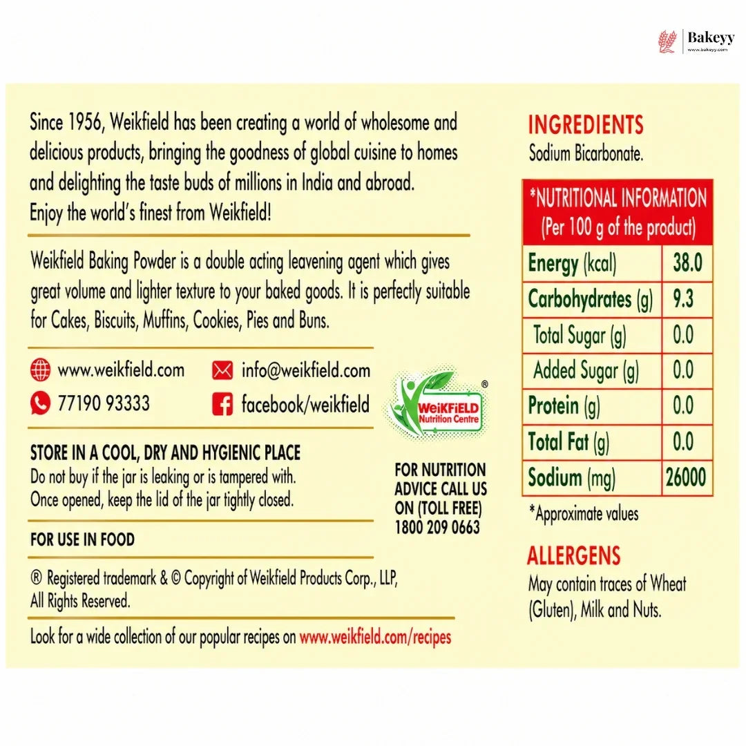 Weikfield Baking Powder label with ingredients, nutritional information, and contact details.