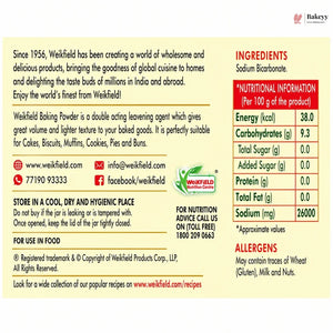 Weikfield Baking Powder label with ingredients, nutritional information, and contact details.