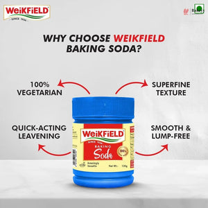 Weikfield baking soda container with features listed on a gray background