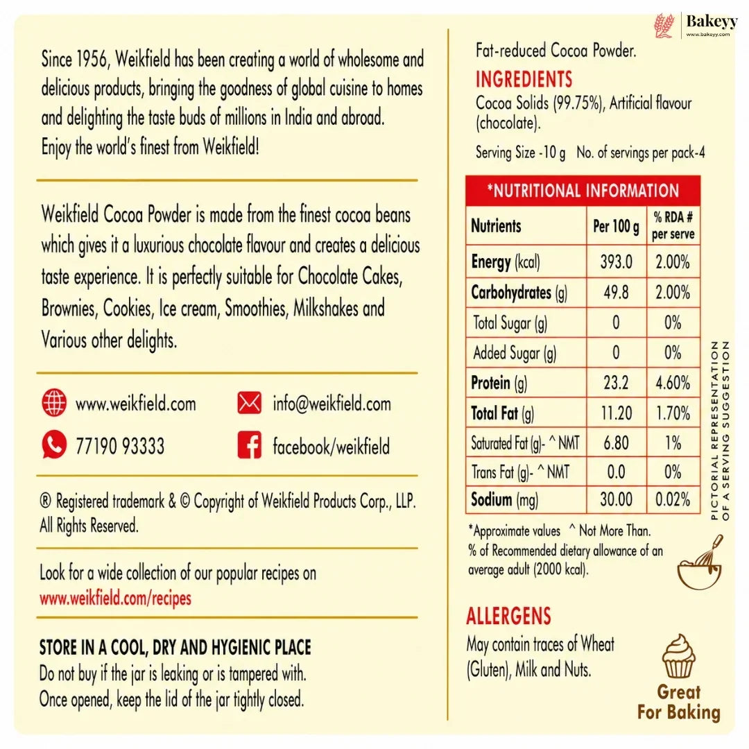 A square product information card for Weikfield Cocoa Powder, featuring the Weikfield logo, brand history, ingredients, nutritional facts, and allergens on a white background with a small Great For Baking badge.