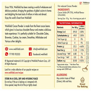 A square product information card for Weikfield Cocoa Powder, featuring the Weikfield logo, brand history, ingredients, nutritional facts, and allergens on a white background with a small Great For Baking badge.