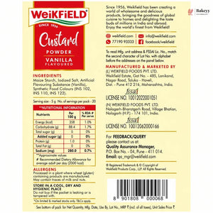 Weikfield Custard Powder Vanilla Flavoured packaging with nutritional information and ingredients list.
