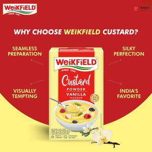 Weikfield Custard Powder packaging with promotional text on a red and yellow background