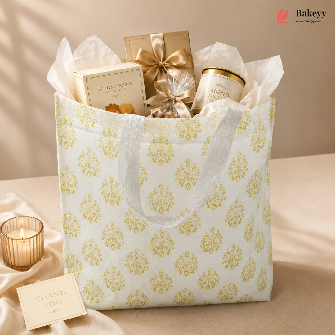 Gift bag with decorative items on a beige surface, featuring the Bakey brand.