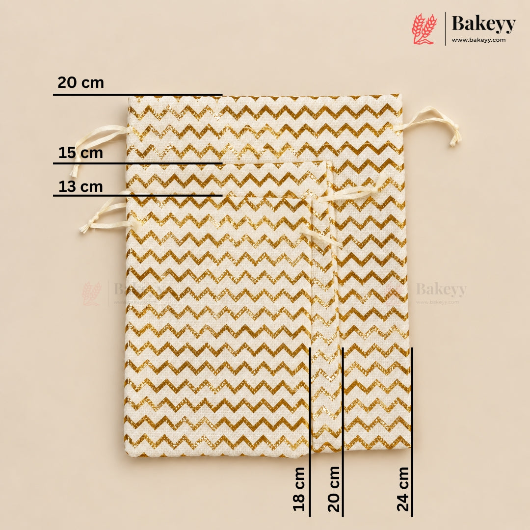 A drawstring pouch with a gold and cream chevron pattern, showing dimension measurements for its height and width on a beige background.