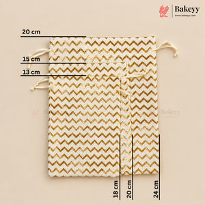 A drawstring pouch with a gold and cream chevron pattern, showing dimension measurements for its height and width on a beige background.
