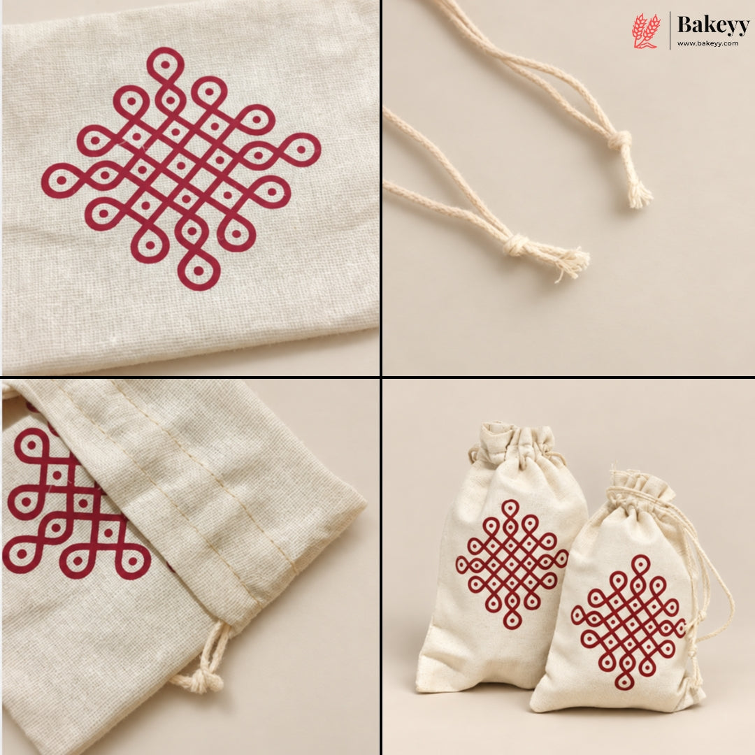 Coral Kolam Print Cotton Drawstring Potli Bag | Pack of 10