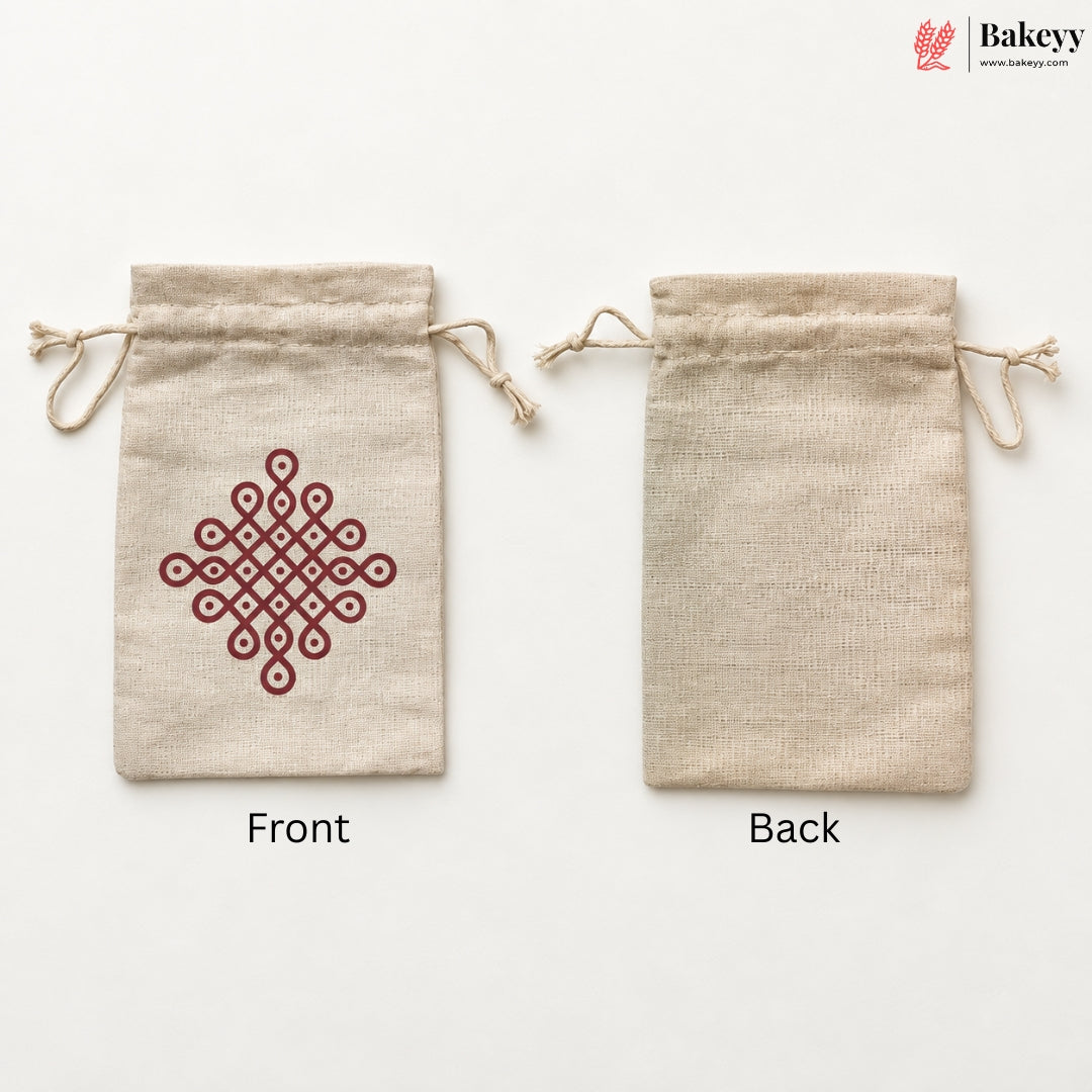 Two small beige drawstring pouches shown on a white background, labeled Front and Back. The front pouch has a dark red geometric knot pattern, and the back pouch is plain.