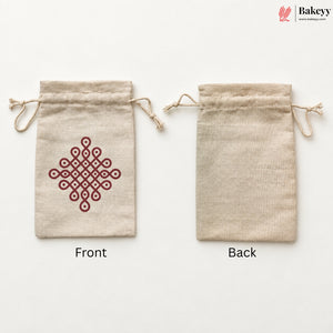 Two small beige drawstring pouches shown on a white background, labeled Front and Back. The front pouch has a dark red geometric knot pattern, and the back pouch is plain.