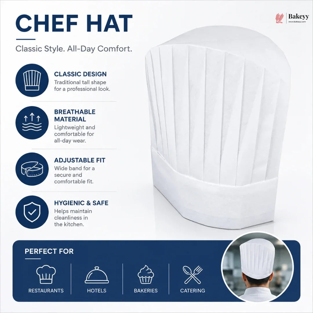 White chef hat with features and benefits on a white background