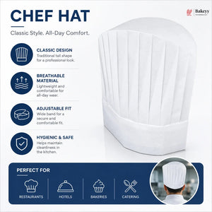 White chef hat with features and benefits on a white background