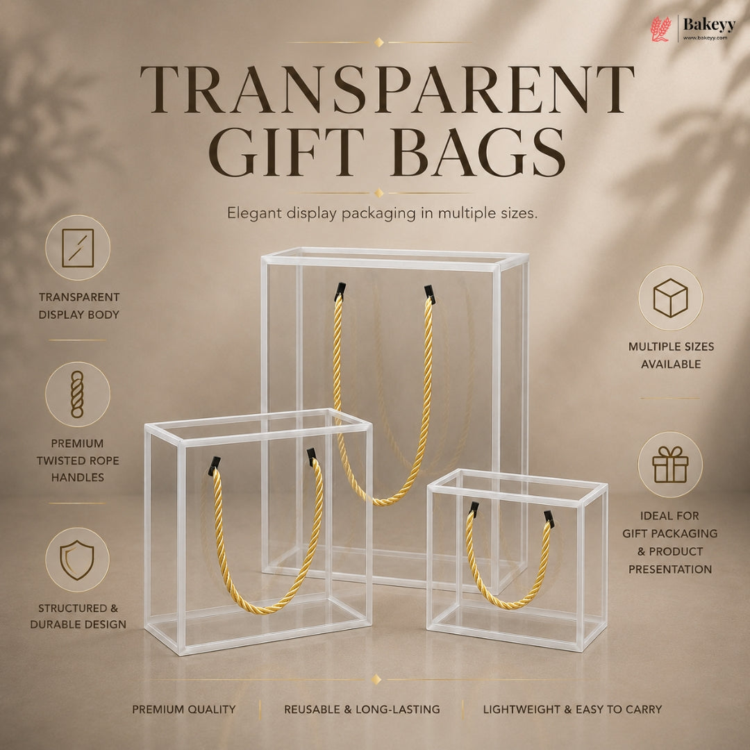 Transparent gift bags with twisted rope handles on a beige background, featuring the brand 'Bakey'.