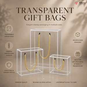 Transparent gift bags with twisted rope handles on a beige background, featuring the brand 'Bakey'.