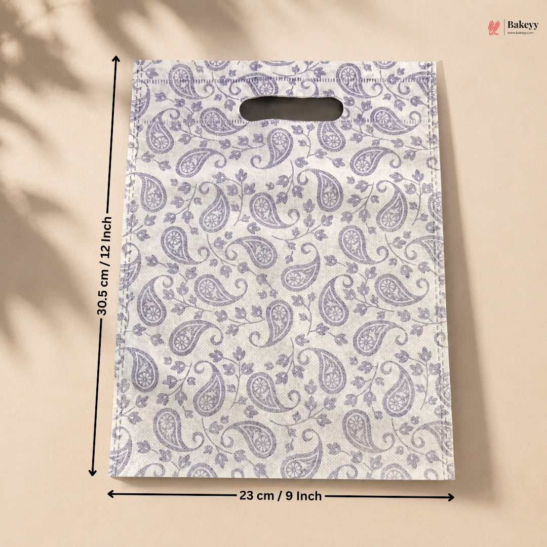 Patterned paper bag with dimensions on a beige background