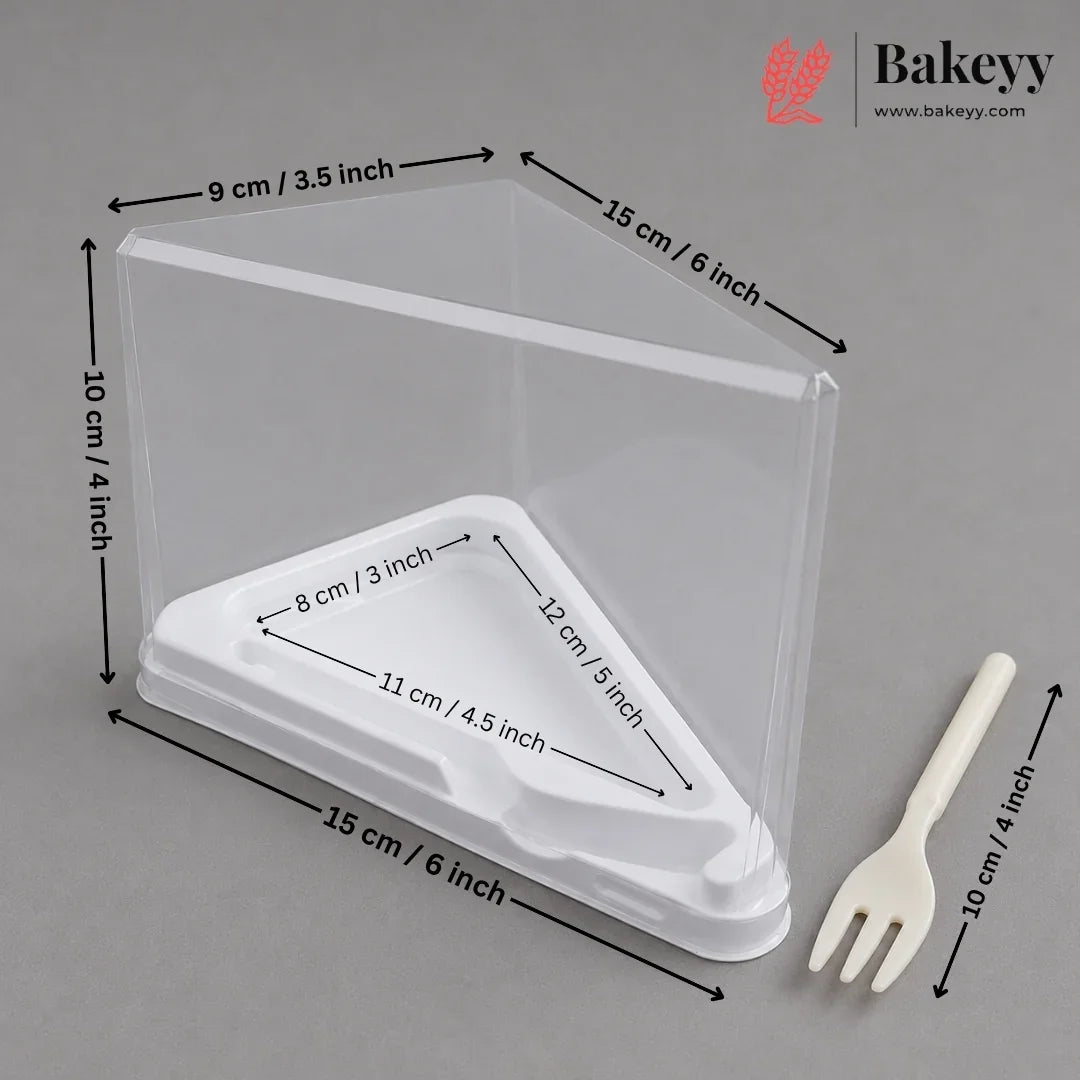 Clear plastic bakery display box with a white triangular base, shown with dimension arrows and labels on a gray background, plus a cream-colored serving fork and a Bakeyy logo in the top right.