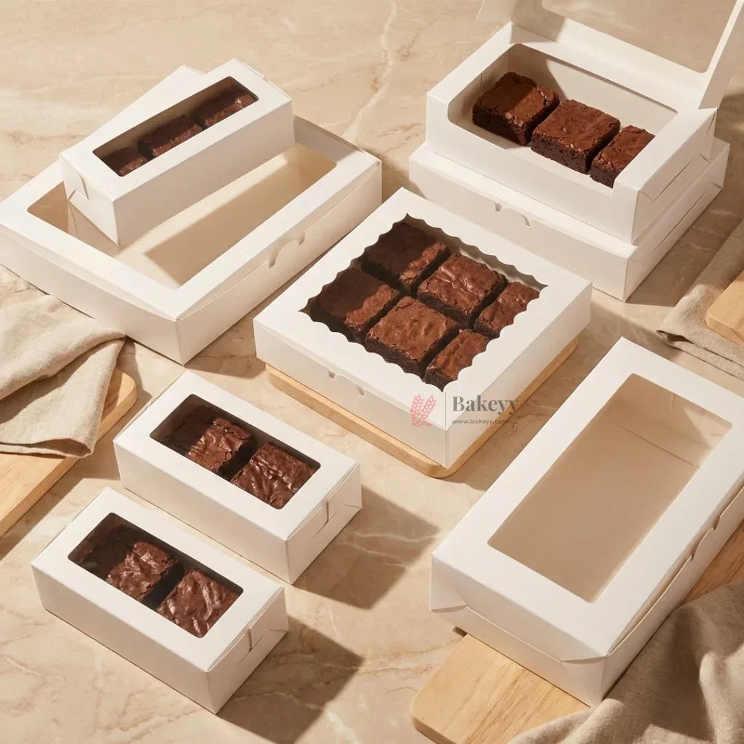 White Brownie Boxes | L Shape and Top Window | Food-Grade Paperboard | Multiple Capacities Available
