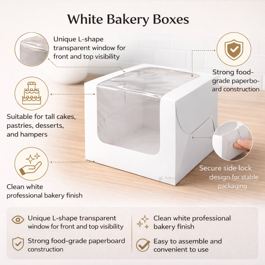 White Cake Box with L-Shape Window | 8 Inch Height | 2 Sizes Available | Tall Cake & Dessert Packaging | Pack of 25 - Bakeyy.com - India - White Cake Box with L-Shape Window | 8 Inch Height | 2 Sizes Available | Tall Cake & Dessert Packaging | Pack of 25 - 8x8x8 Inch 1050.00