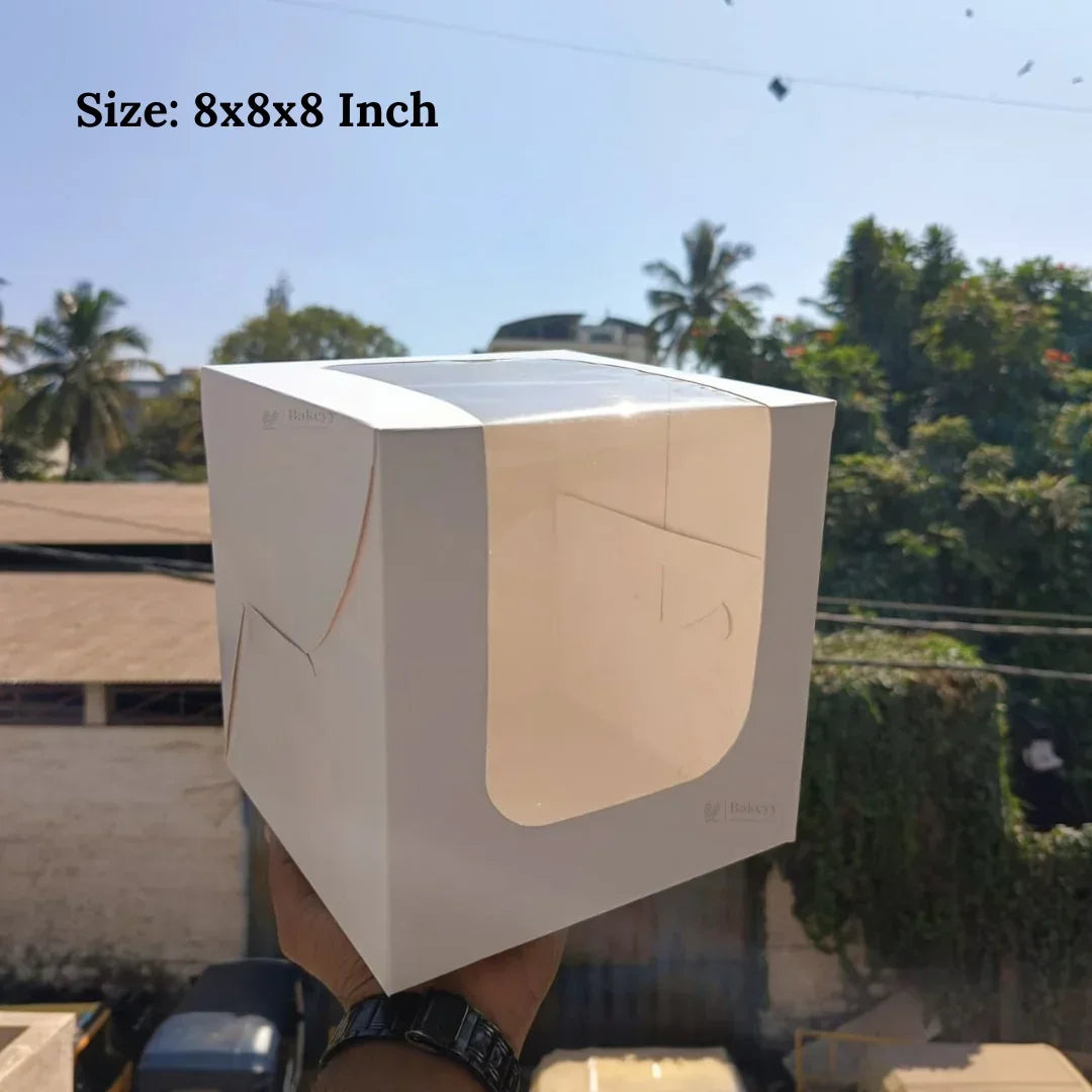 White Cake Box with L-Shape Window | 8 Inch Height | 2 Sizes Available | Tall Cake & Dessert Packaging | Pack of 25 - Bakeyy.com - India - White Cake Box with L-Shape Window | 8 Inch Height | 2 Sizes Available | Tall Cake & Dessert Packaging | Pack of 25 - 8x8x8 Inch 1050.00
