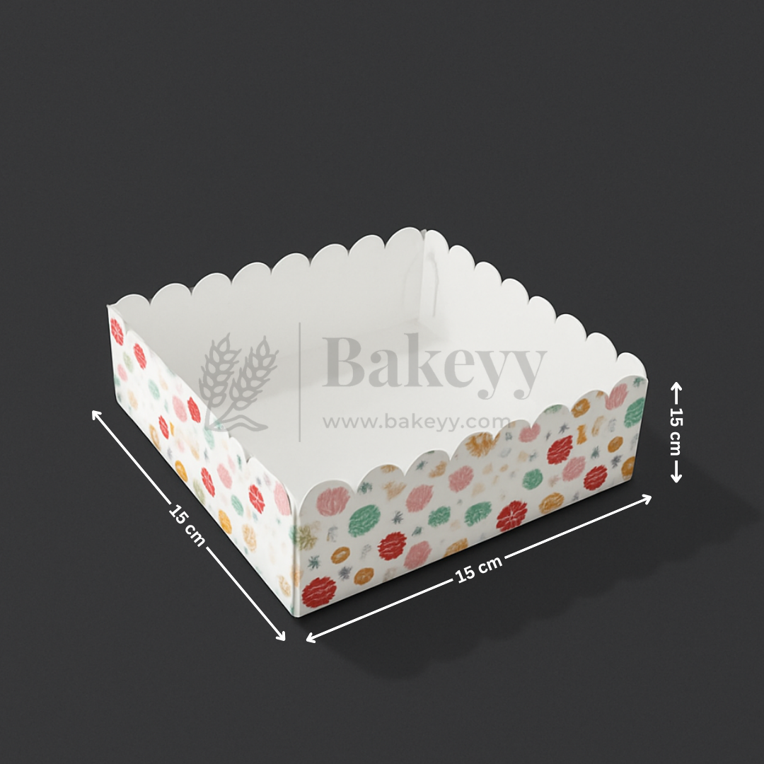 Polka dot cake box with dimensions on a black background, featuring the brand 'Bakeyy'.