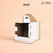 Small cardboard cat house with dimensions on a beige background, featuring the Bakey brand.